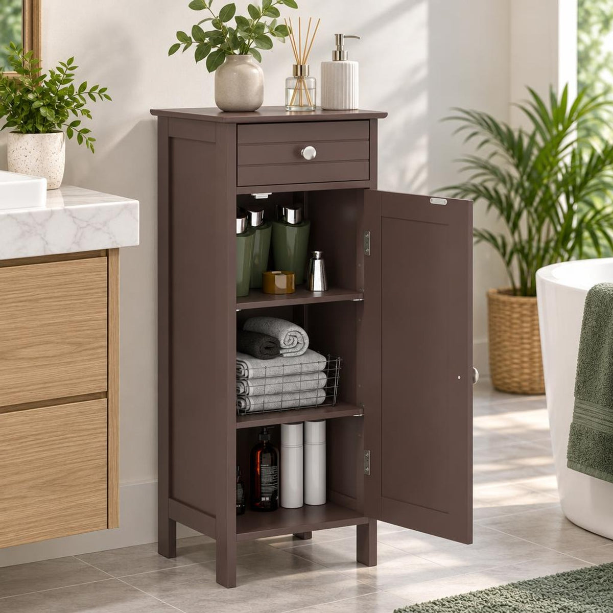 Airfind Wooden Storage Free-Standing Floor Cabinet with Drawer and Shelf, 132 lbs Capacity, MDF Frame, 14in x 12in x 34.5in Footprint, Brown
