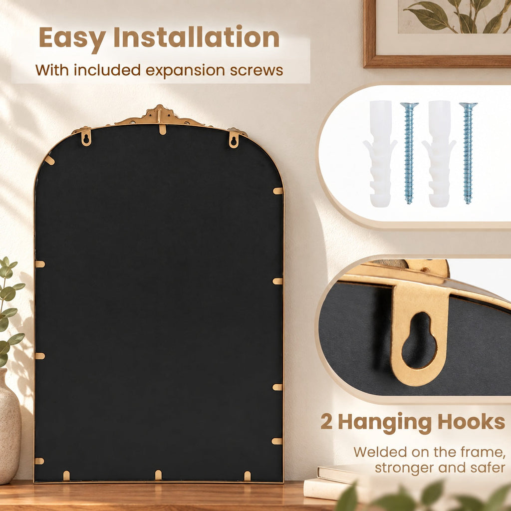 Airfind Arched Mirror for Wall Gold Traditional Vintage Ornate Baroque Mirror with Metal Frame, Resin Frame, 30 Inch x 20 Inch Footprint, Gold