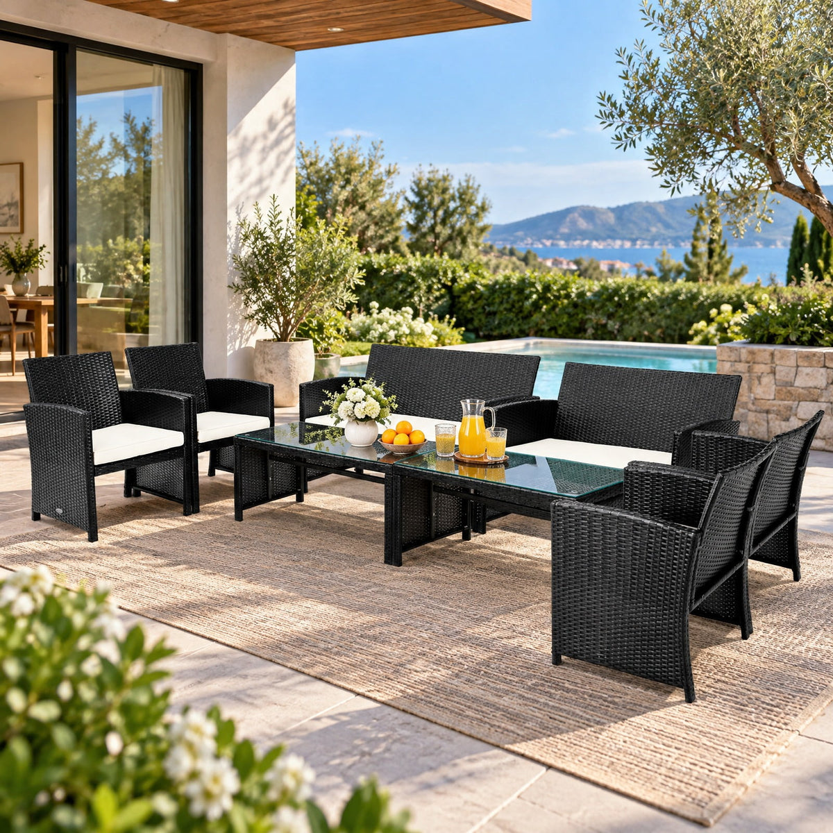 Airfind 4 Pieces Patio Rattan Cushioned Furniture Set with Coffee Table, Rattan Frame, 43.5 x 25 x 31 Footprint, White