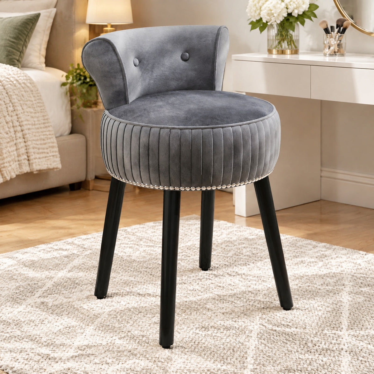 Airfind Velvet Vanity Chair with Back Upholstered Vanity Stool with Tufted Low Back and Solid Wood Legs, 234 lbs Capacity, Rubber Wood Frame, Gray