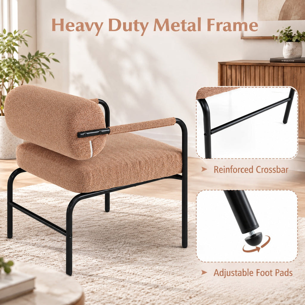 Airfind Velvet Upholstered Accent Chair with Cylindrical Backrest and Metal Armrests, 330 lbs Capacity, Velvet Metal Sponge Frame, Brown