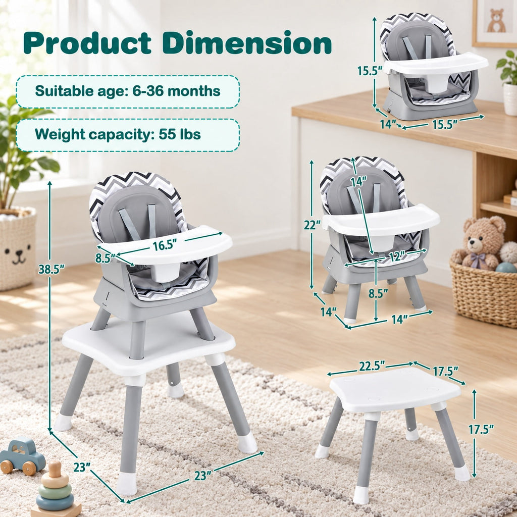 Airfind 6-in-1 Convertible Youth High Chair featuring Adjustable Removable Tray with Detailed Instruction and Tool-free Installation, Gray