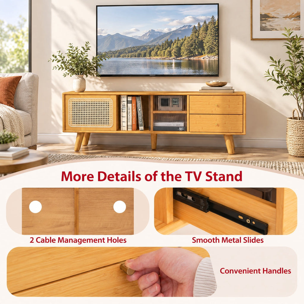 Airfind TV Stand, Bamboo, for TV up to 65 Inch, 155 lbs Capacity, Wood PE Rattan Glass Frame, 55 Inch x 12 Inch x 18 Inch Interior Footprint, Natural
