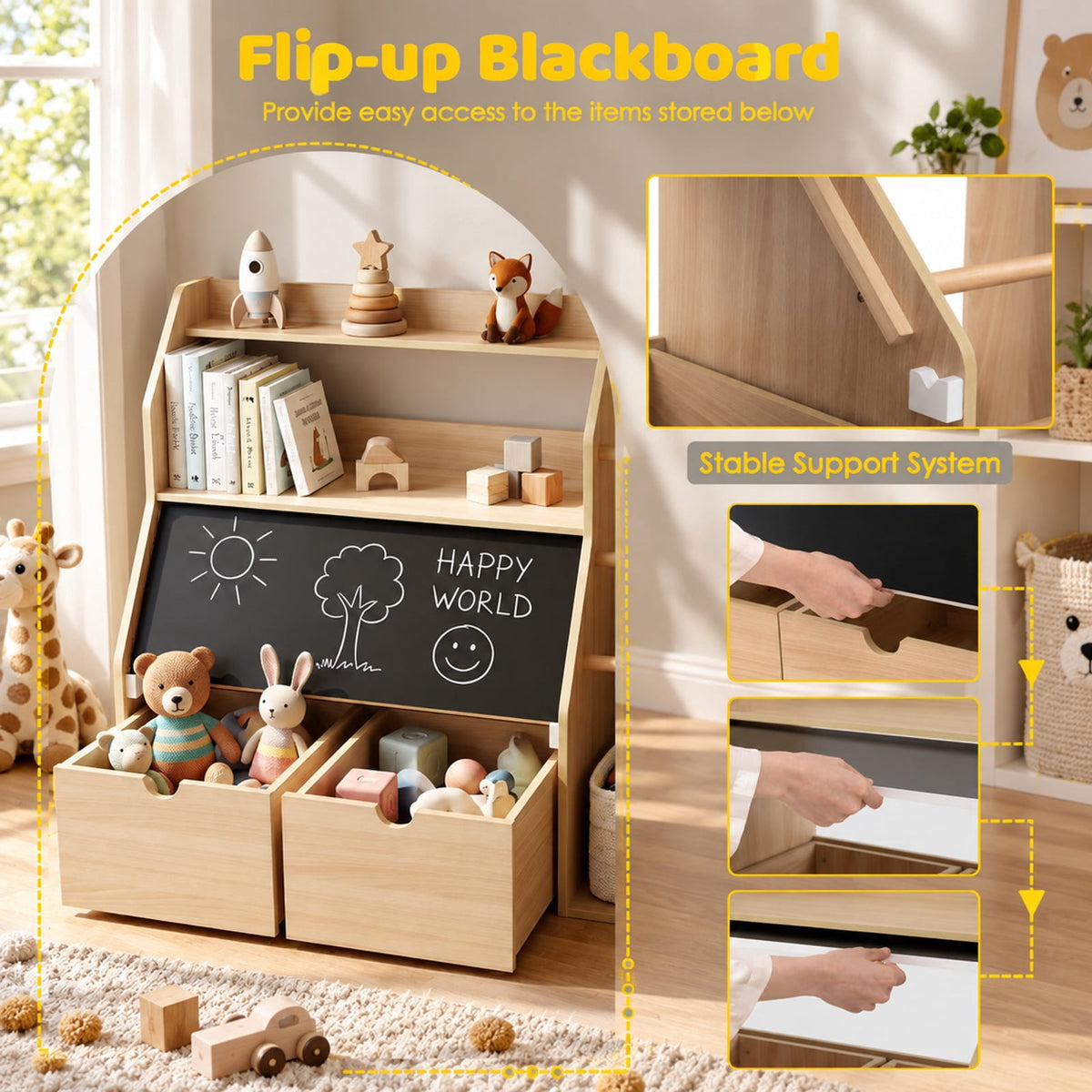 Airfind Kids Toy Storage Organizer with Flip-up Blackboard, Engineered Wood Pine Wood Frame, for 3+ Years Old, 41 Inch x 16 Inch x 28 Inch Footprint, Natural
