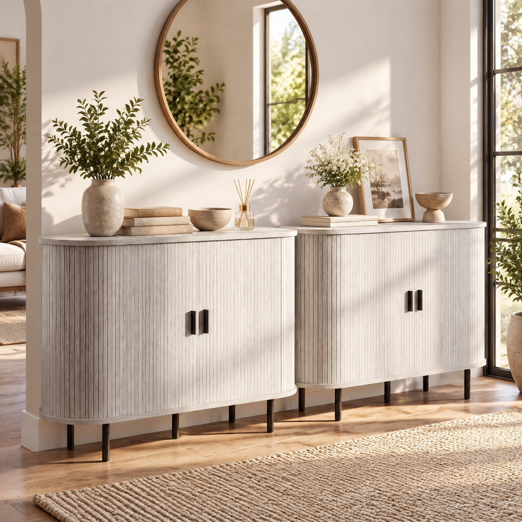 Airfind 47 Inch Fluted Sideboard Buffet Cabinet with Tambour Sliding Doors and Metal Legs, Engineered Wood MDF Metal Plastic Frame, Grey