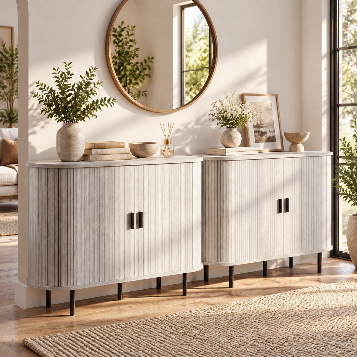 Airfind 47 Inch Fluted Sideboard Buffet Cabinet with Tambour Sliding Doors and Metal Legs, Engineered Wood MDF Metal Plastic Frame, Grey