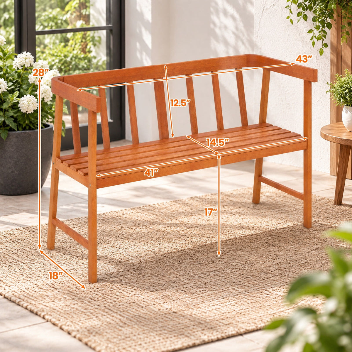 Airfind Outdoor Eucalyptus Wood Bench with Backrest and Armrests, 800 lbs Capacity, Eucalyptus wood Frame, Wood