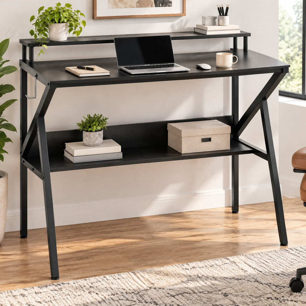 Airfind Space Saving Computer Desk with Monitor Stand and Extra Storage Shelf for Work Study, 200 lbs Capacity, Engineered Wood Metal Frame, White