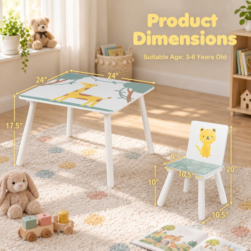 Airfind 3 Pieces Kids Table and Chairs Set with Animal Patterns for Aged 3-6 Years Old, 44 lbs Capacity, Pine Wood, for 3-6 Years Old