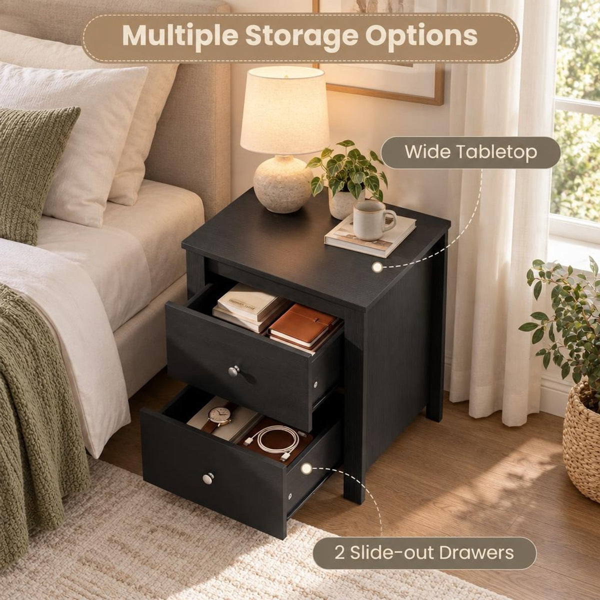 Airfind Nightstand with 2 Drawers Storage for Bedroom Living Room Small Spaces, 66 lbs Capacity, Engineered Wood Metal Frame, Black