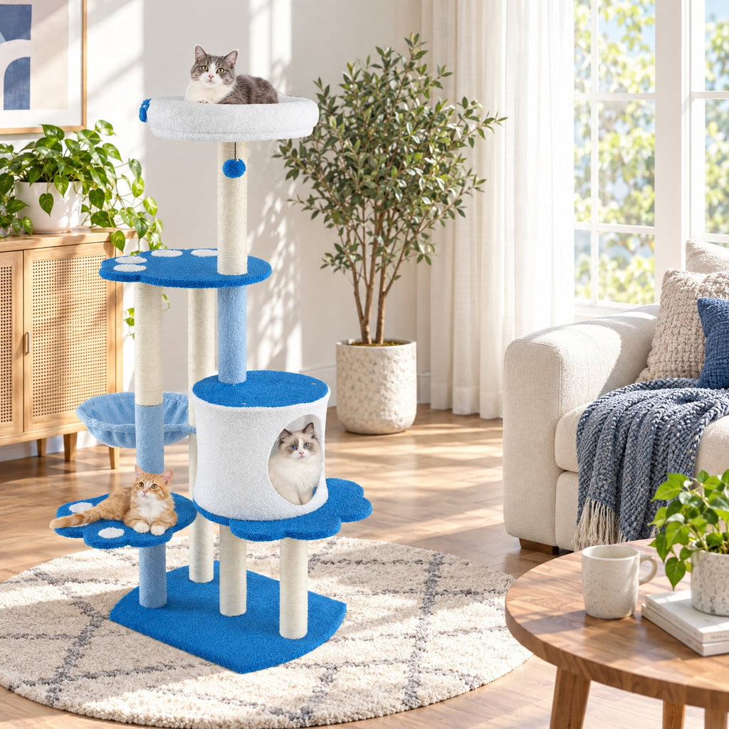 Airfind 54 Inches Tall Modern Cat Tree Tower for Indoor Cats, 22 lbs Capacity, Teddy Plush Fabric Sisal Engineered Board Frame, Blue