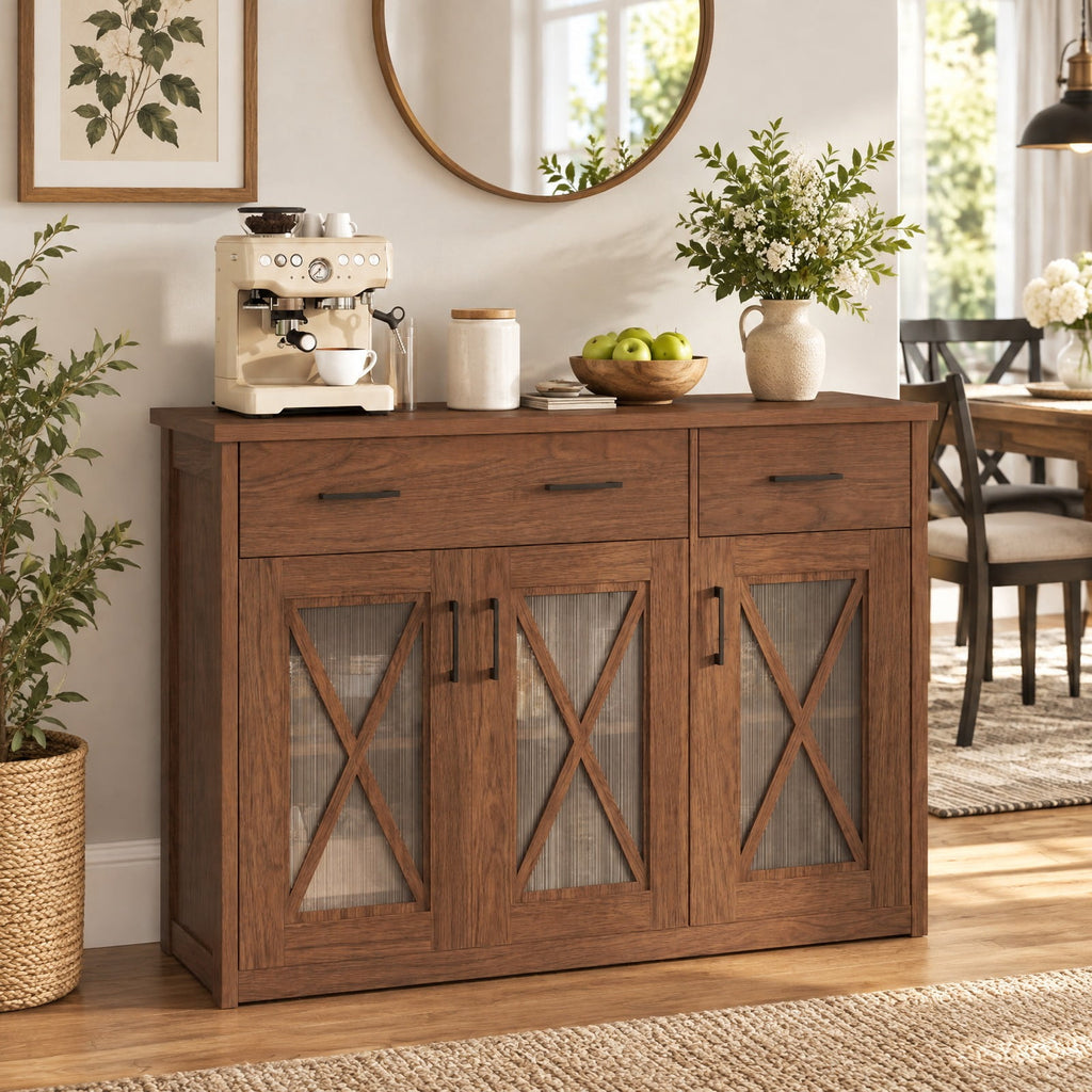 Airfind Farmhouse Buffet Sideboard 3-Door Kitchen Storage Cabinet featuring 2 Drawers, Top 132 lbs Total Capacity, Engineered Wood PC Frame, Brown