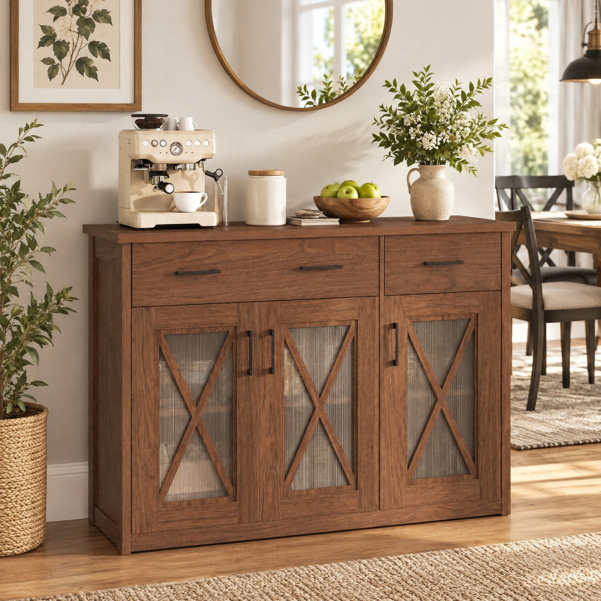 Airfind Farmhouse Buffet Sideboard 3-Door Kitchen Storage Cabinet featuring 2 Drawers, Top 132 lbs Total Capacity, Engineered Wood PC Frame, Brown