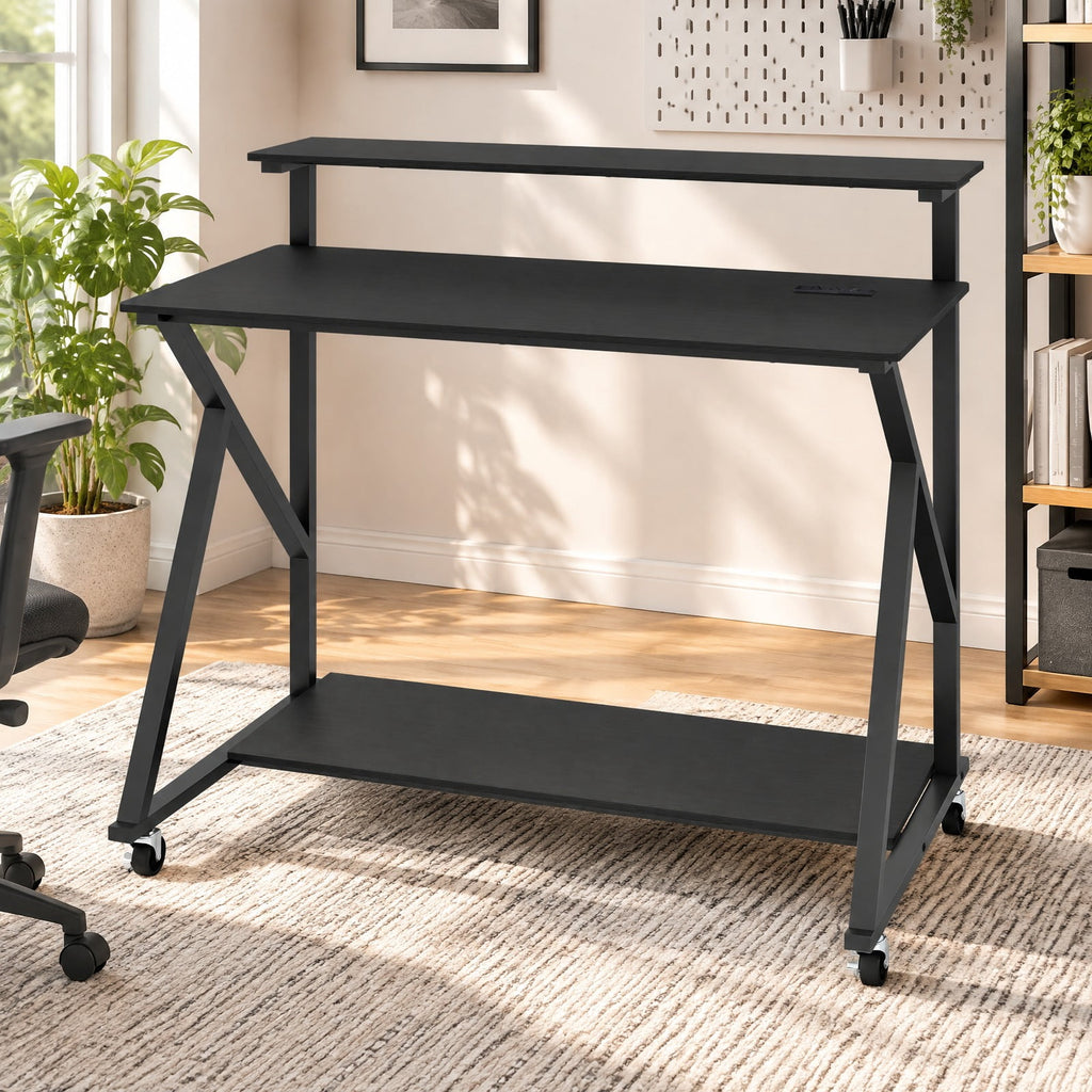 Airfind Rolling Computer Desk with Charging Station and Monitor Shelf Storage for Home Office, 155 lbs Capacity, Engineered Wood Metal Frame, Black