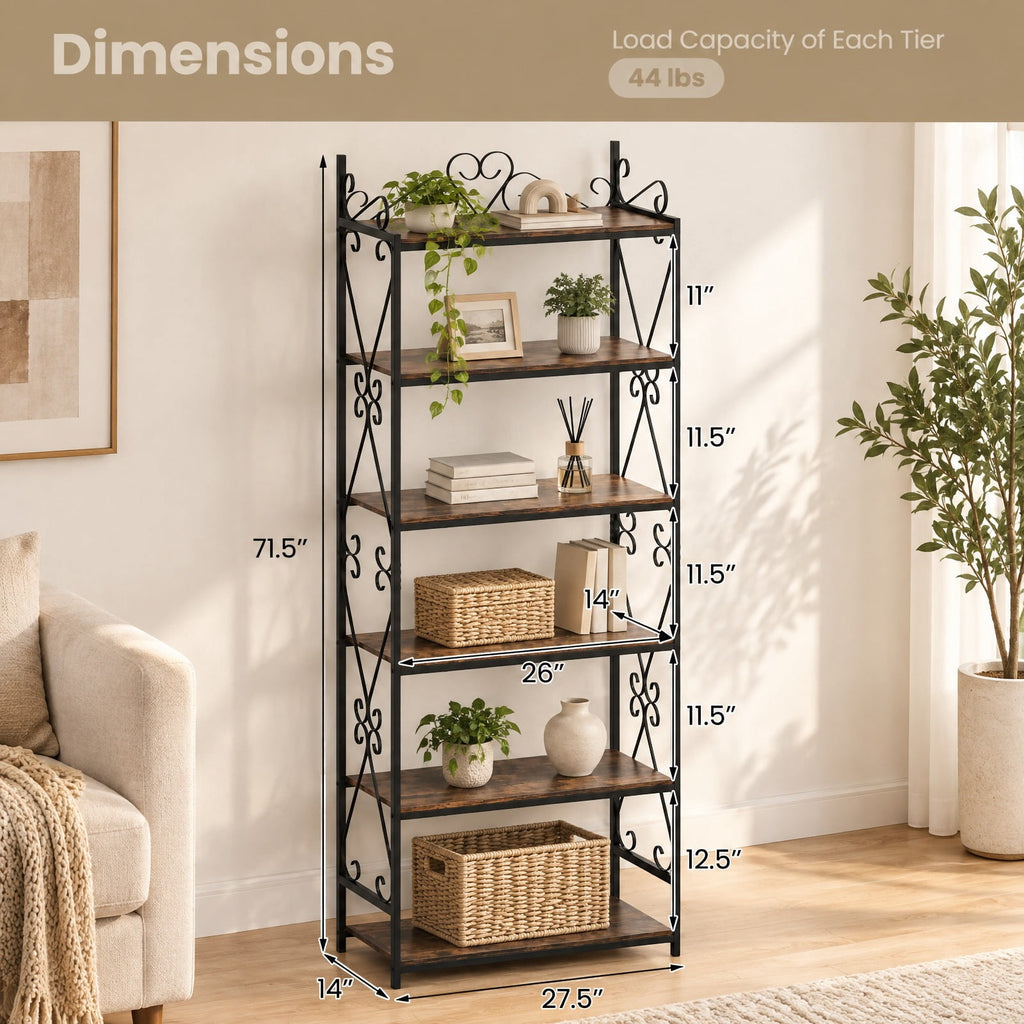 Airfind 6-Tier Bookshelf Industrial Bookcase with 2 Anti-Tipping Kits and Metal Frame, 44 lbs Capacity, Metal Engineered Wood Frame, Brown