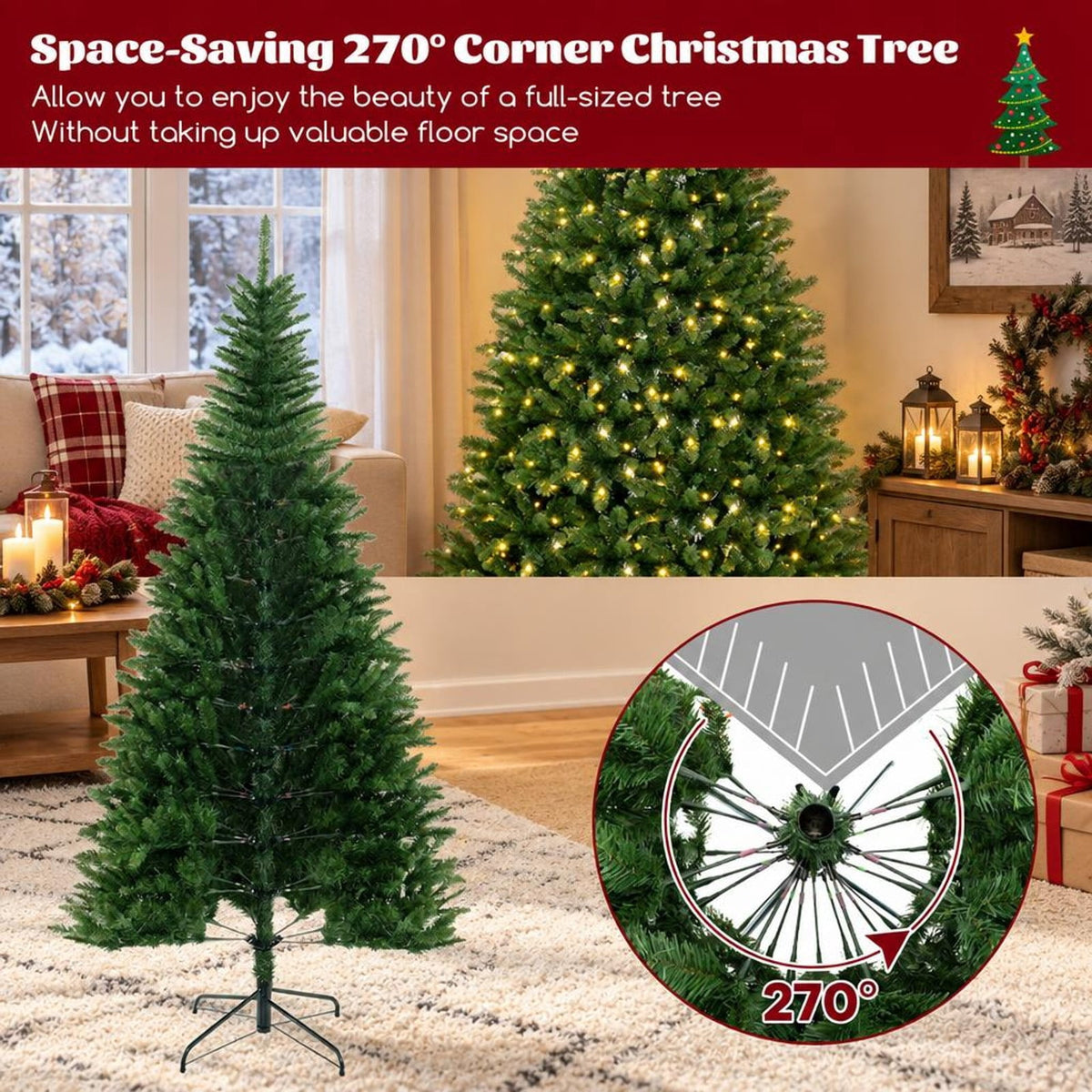 Airfind 8 FT Corner Artificial Christmas Tree with 1137 Branch Tips and 360 Warm White LED Lights, White