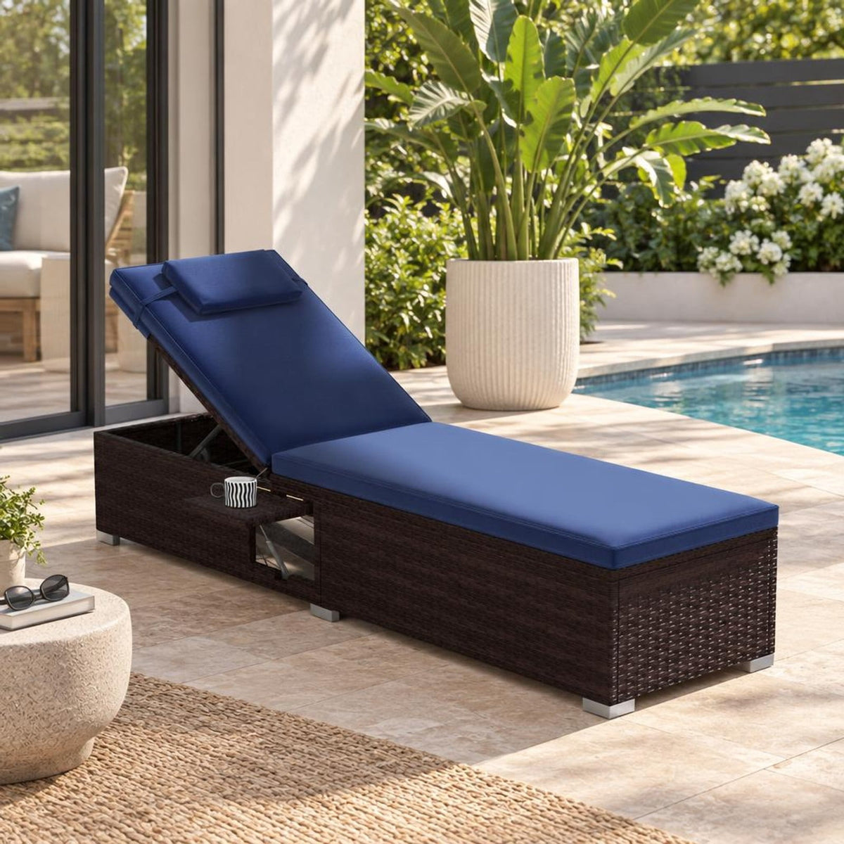 Airfind Outdoor PE RattanChaise Lounge with 6-level Backrest, 400 lbs Capacity, PE Rattan Metal Polyester Sponge Frame, Navy