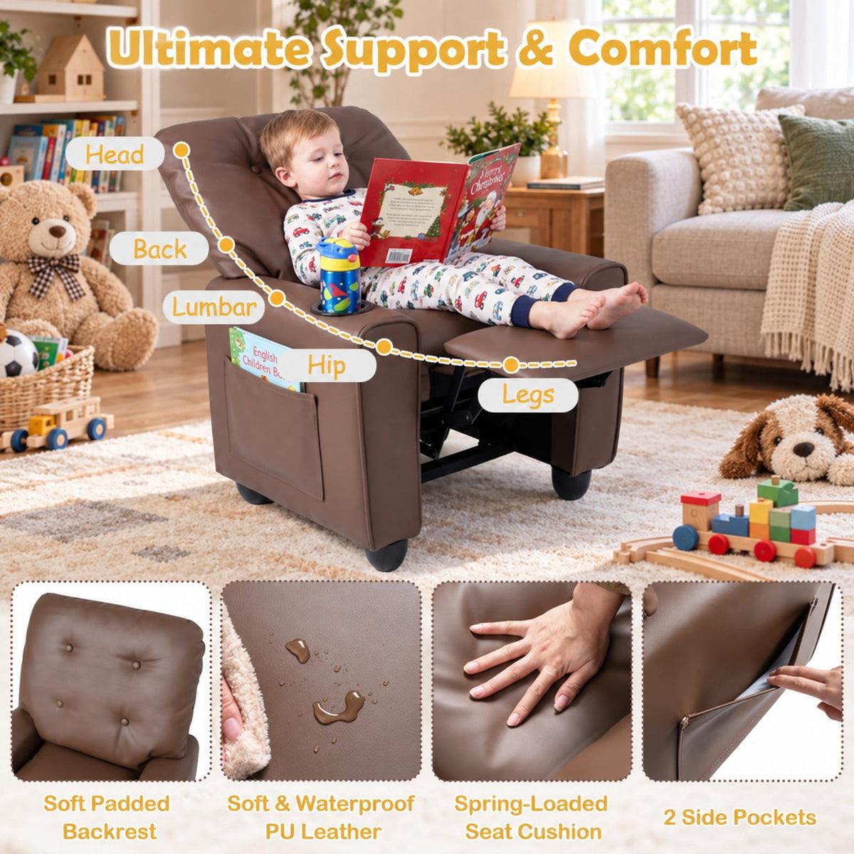 Airfind Youth Recliner Chair with Cup Holder, Side Pocket and Push-back Footrest, PU Upholstery, 24 x 21 x 30 in for Everyday Use, Brown