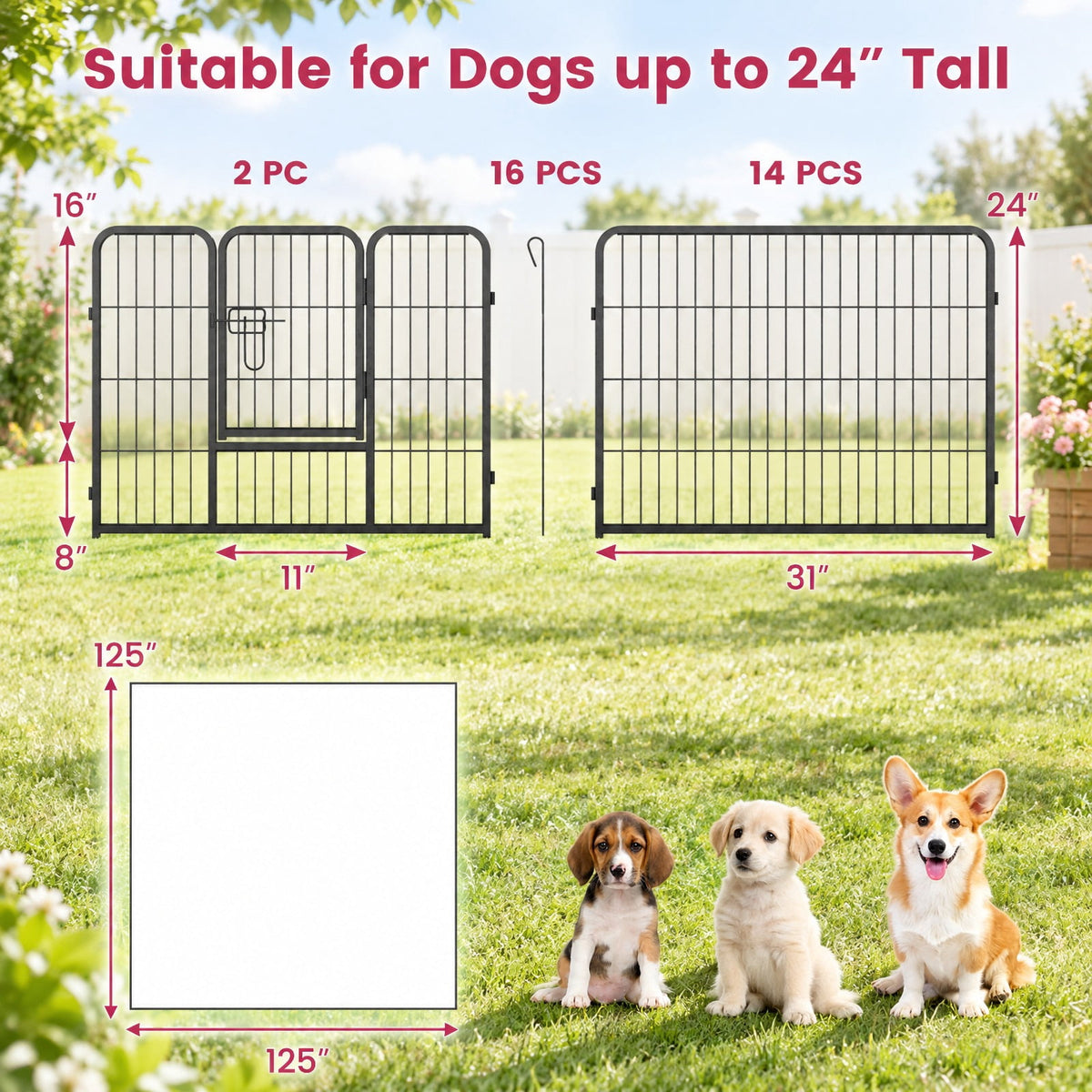 Airfind 16 Panel 24/32/40 Inches Height Dog Playpen with Lock and Large Door-24 inches, Metal Frame, Black