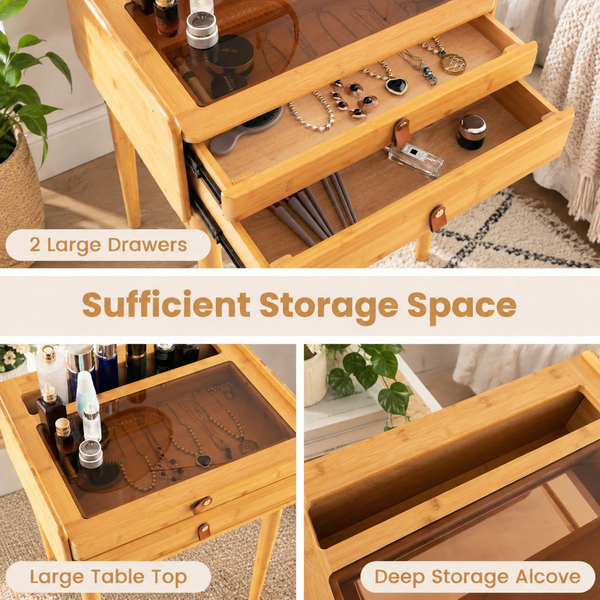 Airfind Bamboo Makeup Vanity Table with Mirror with 2 Storage Drawers, 22 lbs Capacity, Bamboo Glass Stainless Steel Frame, Natural