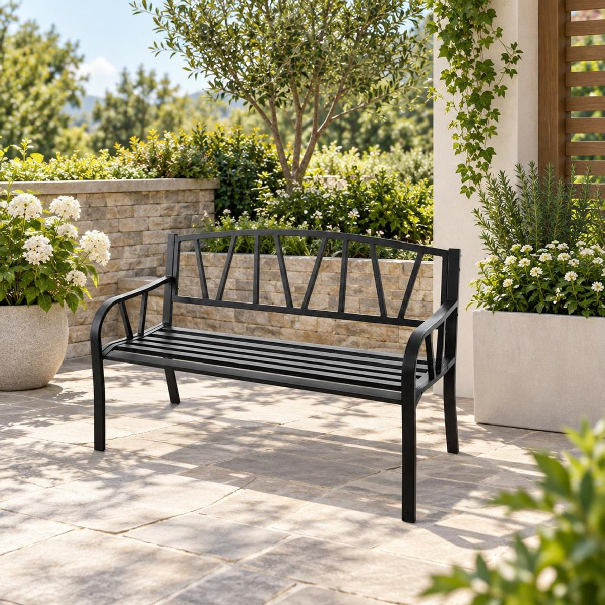 Airfind Patio Garden Bench with Metal Frame and Slatted Seat, 660 lbs Capacity, Metal Frame, Black, Slatted design for water drainage