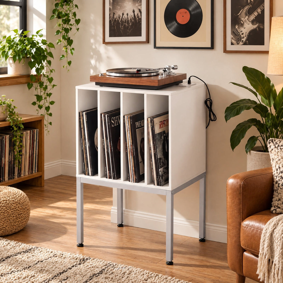 Airfind Turntable Record Player Stand with Power Outlets, 88 lbs Capacity, Engineered Wood Metal MDF Frame, 20 x 16 x 32 Footprint, White