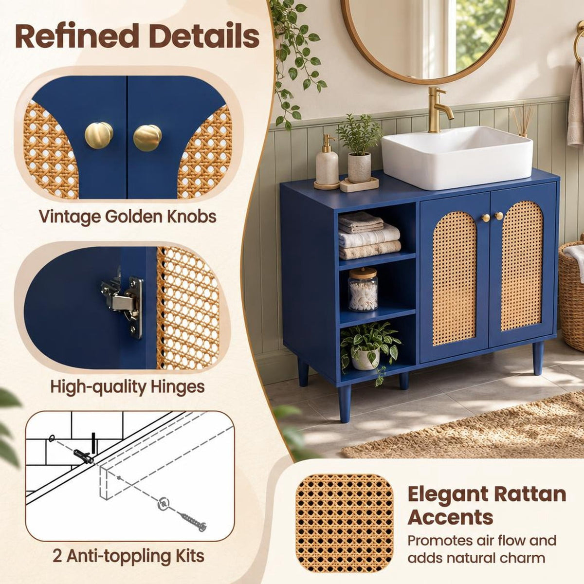 Airfind 36 Inch Under Sink Cabinet Boho for Vessel Sinks and Single-Handle Faucets, 265 lbs Capacity, MDF Rubber Wood PE Rattan Metal Frame, Navy