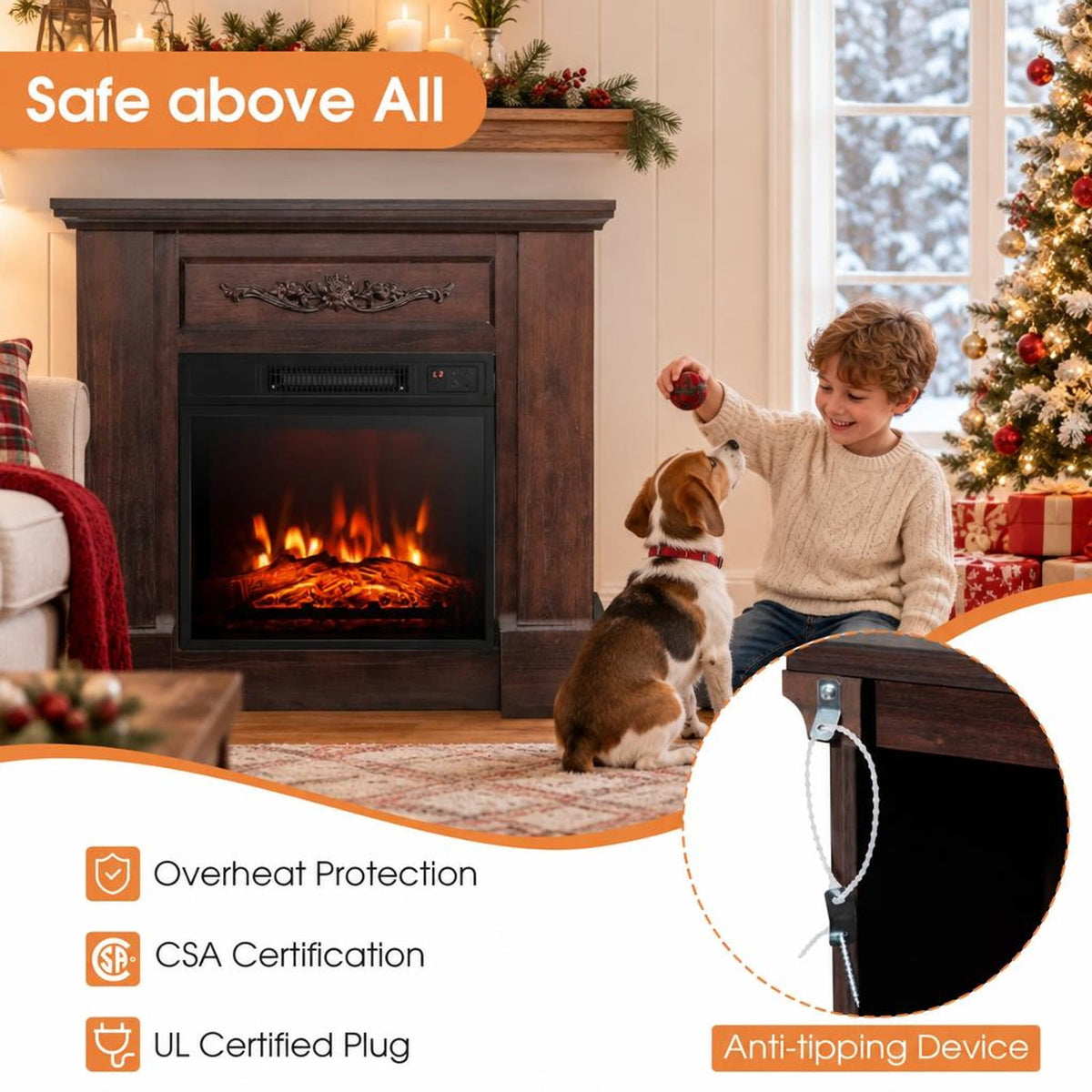 Airfind 1400W TV Stand Electric Fireplace Mantel with Remote Control, 22 Lbs Capacity, MDF PB Steel Plastic Tempered Glass, Natural