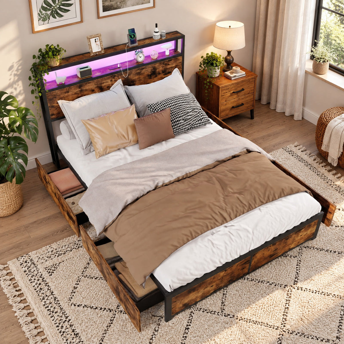 Airfind Full/Queen Size LED Bed Frame with Charging Station and 4 Storage Drawers, 81 Inch x 56 Inch x 40 Inch Inner Footprint