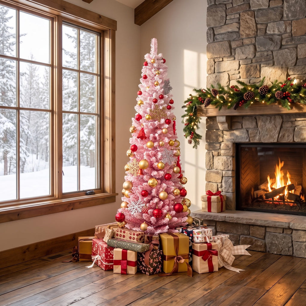Airfind 6 FTSnow-flocked Artificial Pink Christmas Tree Pre, PVC Metal Tree Height 6 ft / 7 ft Tree Width 1.6 ft / 2 ft Frame, Pink