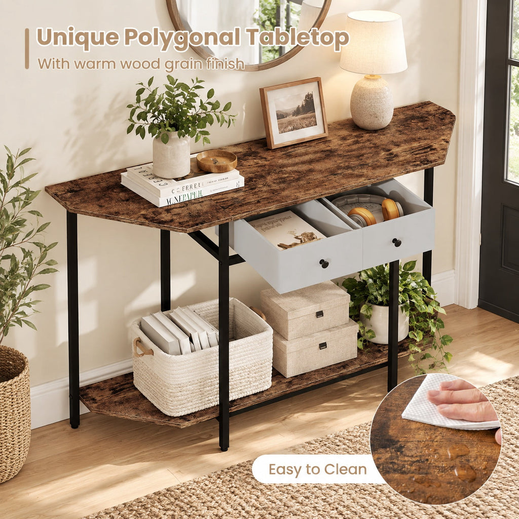 Airfind Console Table with 2 Drawers and Open Storage Shelf, 110 lbs Capacity, Engineered Wood Metal Non-Woven Fabric Frame, Brown