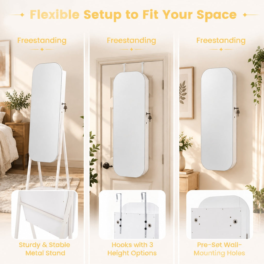 Airfind Jewelry Cabinet with Full-Length Mirror Large Storage Capacity, Engineered Wood Frame, 16.5 x 14.5 x 59 Footprint, White