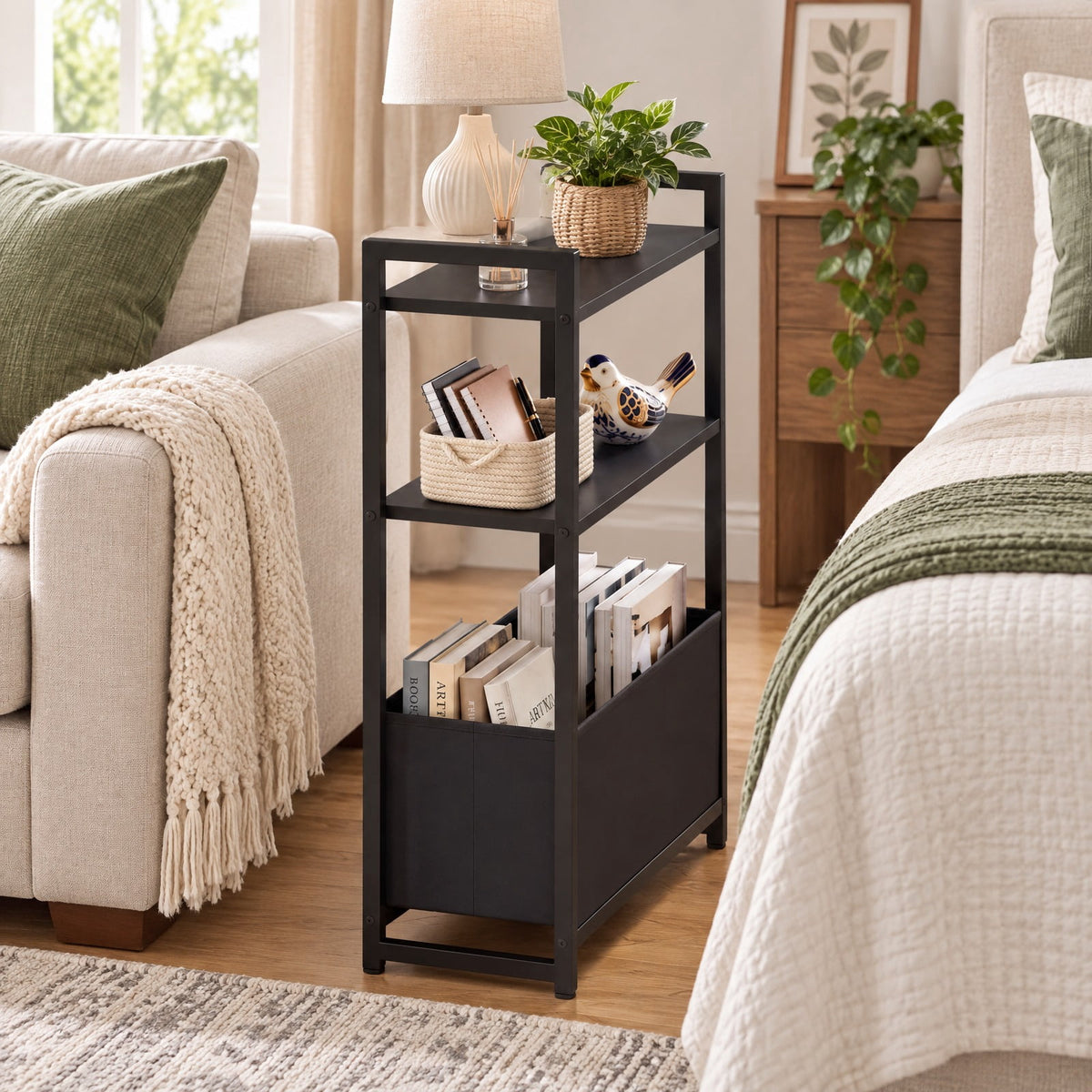 Airfind Narrow End Table with Storage Shelves and Metal Frame, 25 lbs Capacity, Engineered Wood Metal Fabric Frame, 19 x 8 x 25.5 Footprint