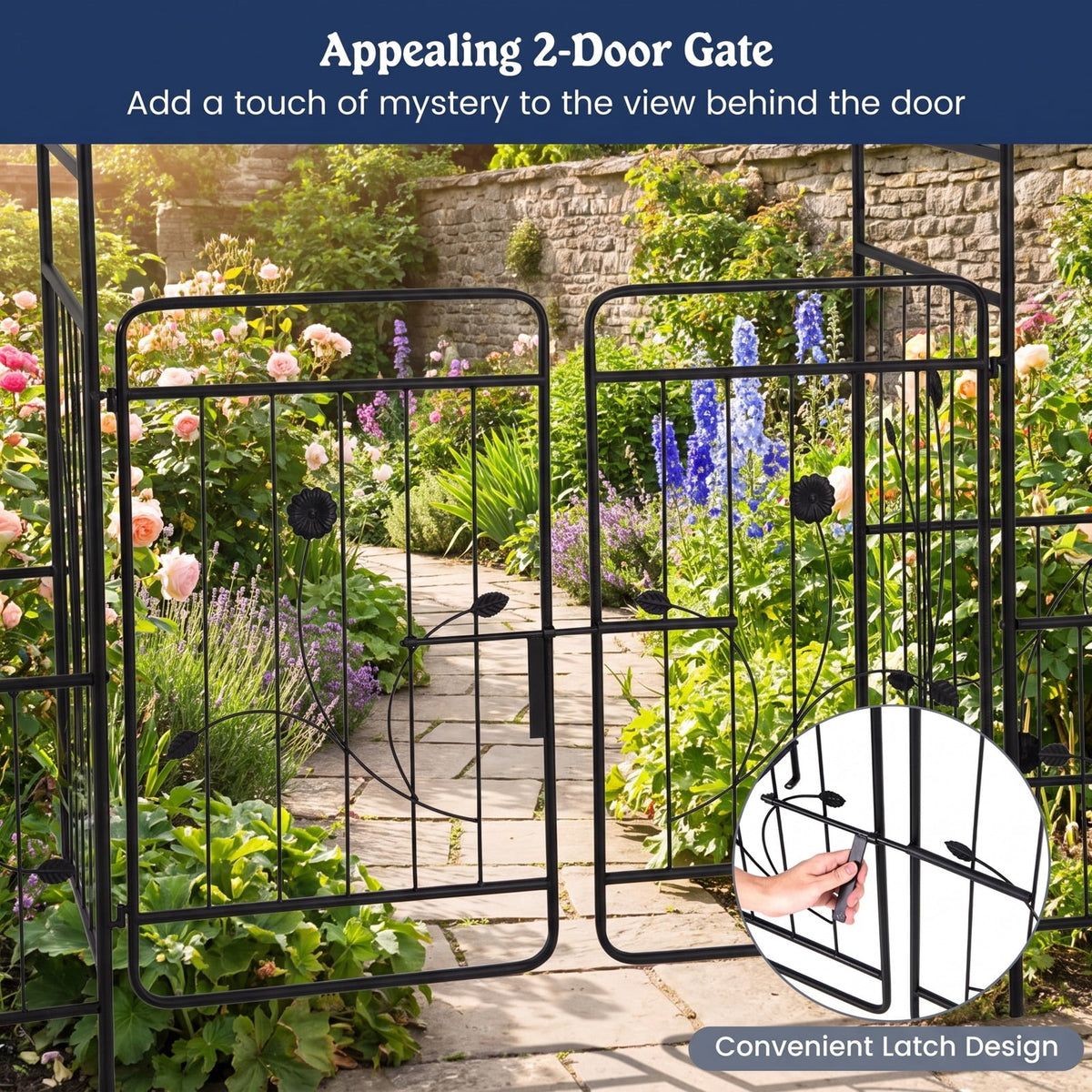 Airfind 87 Inches Garden Arbor with Lockable Gate Side Planters, Metal Frame, 80 x 20 x 87 Footprint, Black
