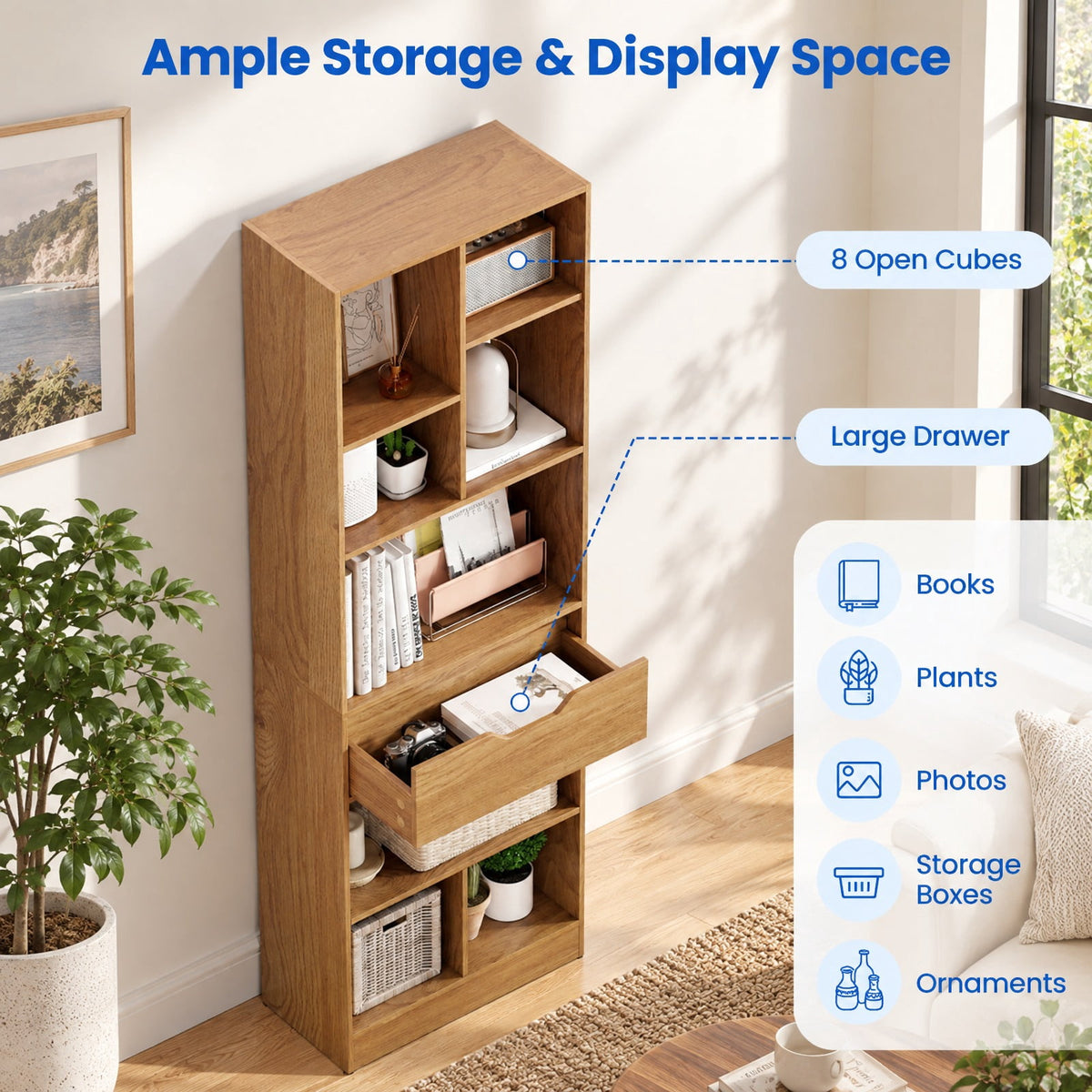 Airfind 61inch Tall Freestanding Bookcase with Drawer 8-Cube Storage Organizer, 187 lbs Capacity, Engineered Wood MDF Frame, Natural