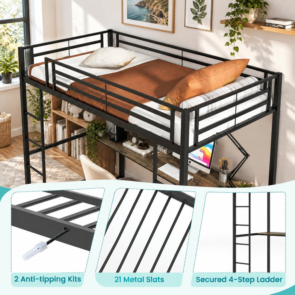 Airfind Twin Size Loft Bed Raised Platform Bed with Desk and 2 Storage Shelves, 440 lbs Capacity, MDF Metal Frame, 78 x 41.5 x 71 Footprint