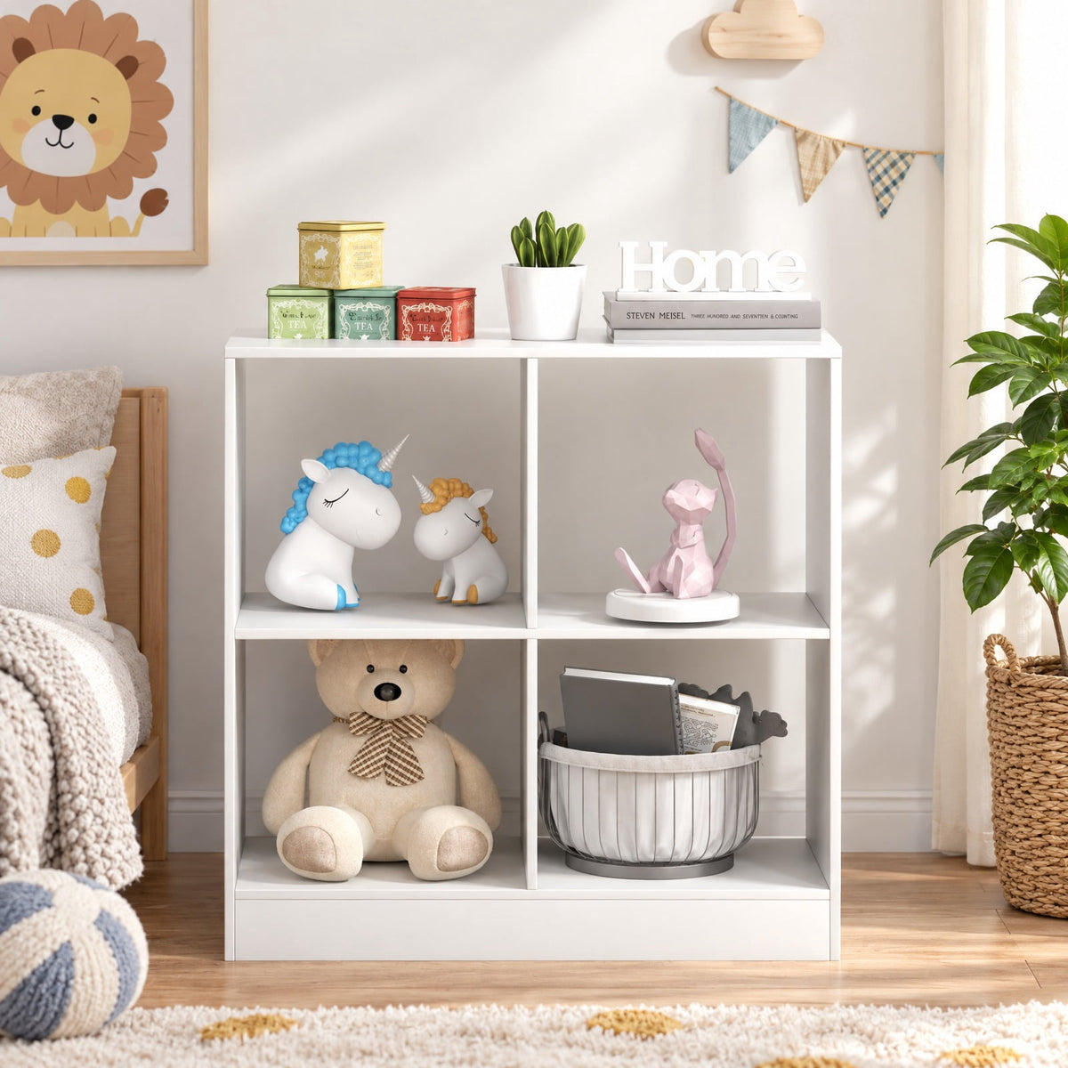 Airfind 4-Cube Kids Bookcase with Open Shelves, 60 lbs Capacity, Engineered wood Frame, 29 Inch x 13 Inch x 29 Inch Footprint, White