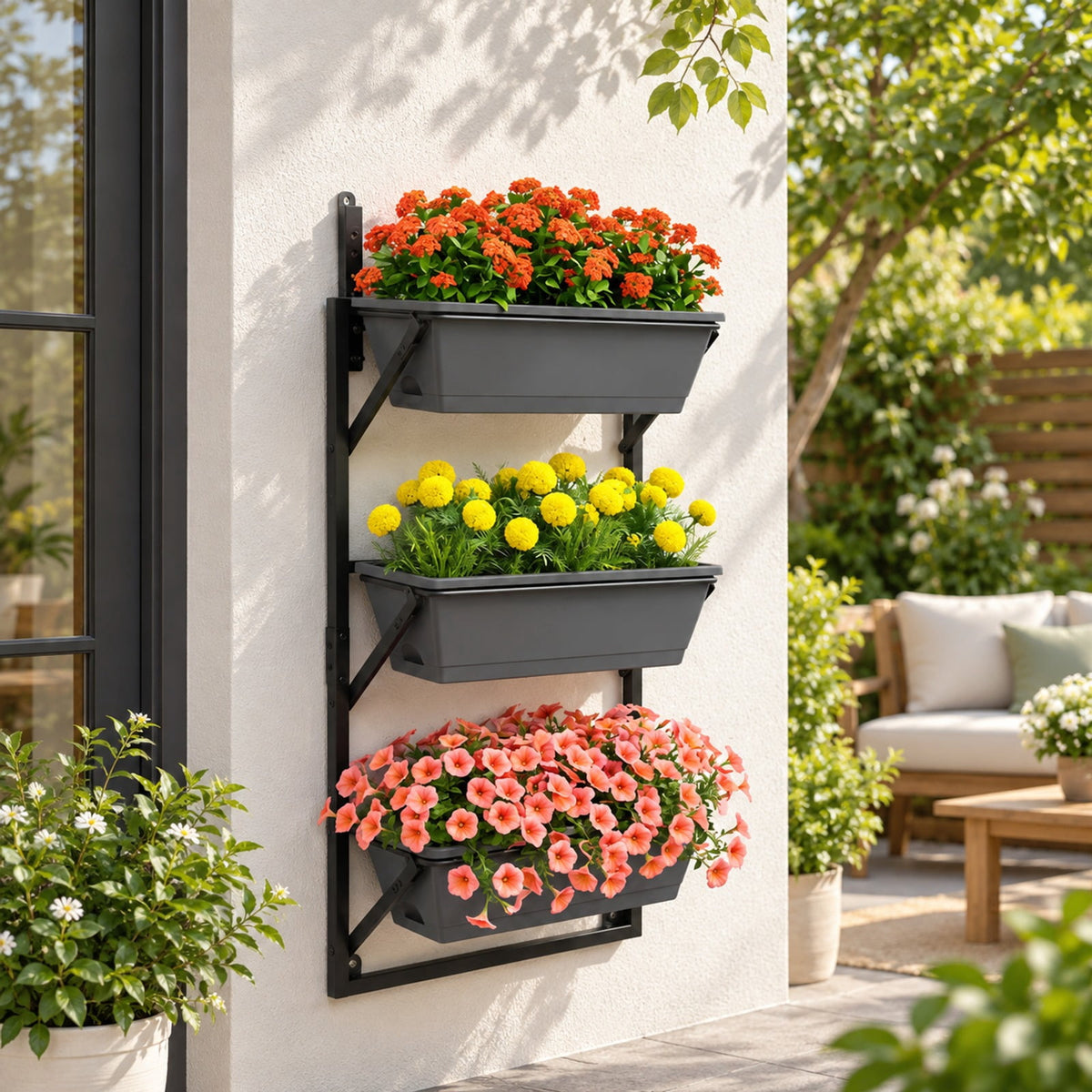 Airfind Deck Railing Planter Boxes with Adjustable Brackets and 3-Tier Design for Porch Patio, Black, Side holes make it easy to add and drain water
