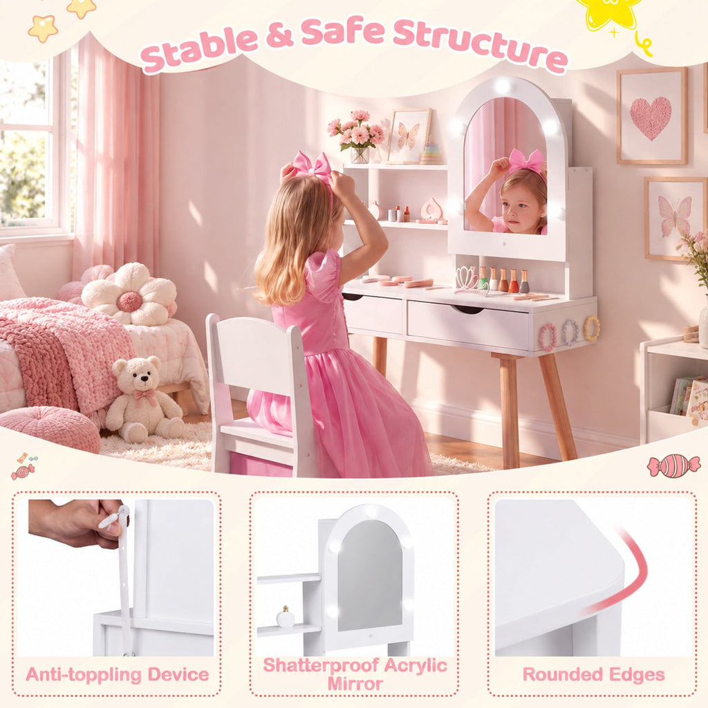 Airfind Kids Vanity Set Pretend Play Dressing Table Set with 3-Color Lighting Modes and Mirror Cabinet, 44 lbs Capacity, MDF Frame, White