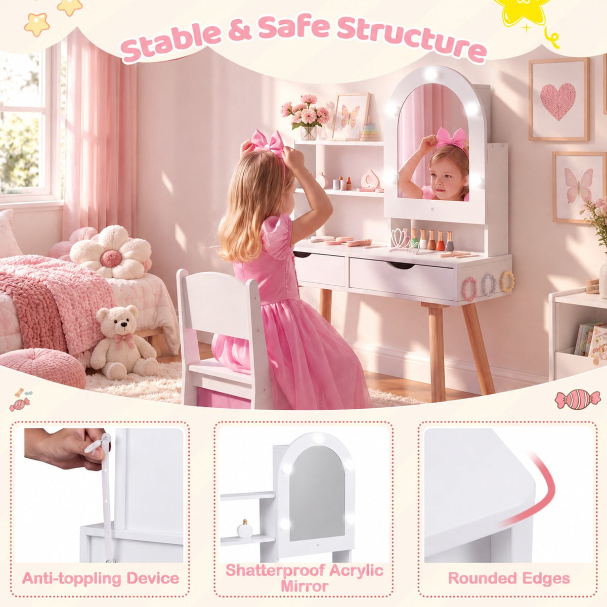 Airfind Kids Vanity Set Pretend Play Dressing Table Set with 3-Color Lighting Modes and Mirror Cabinet, 44 lbs Capacity, MDF Frame, White