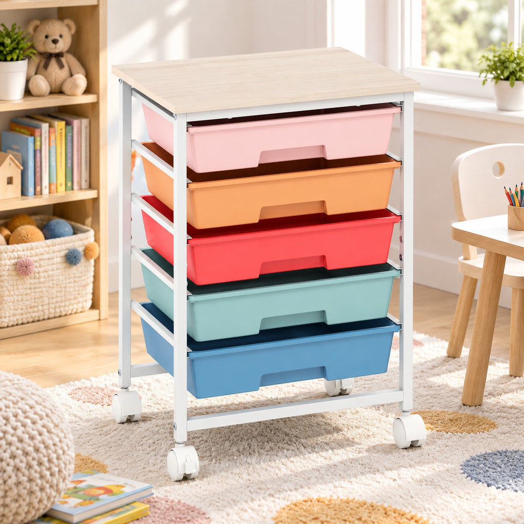 Airfind 5-Drawer Rolling Cart with Wooden Tabletop and Metal for Craft Room, 33 lbs Capacity, Metal PP Engineered Wood for Home, Patio and Everyday