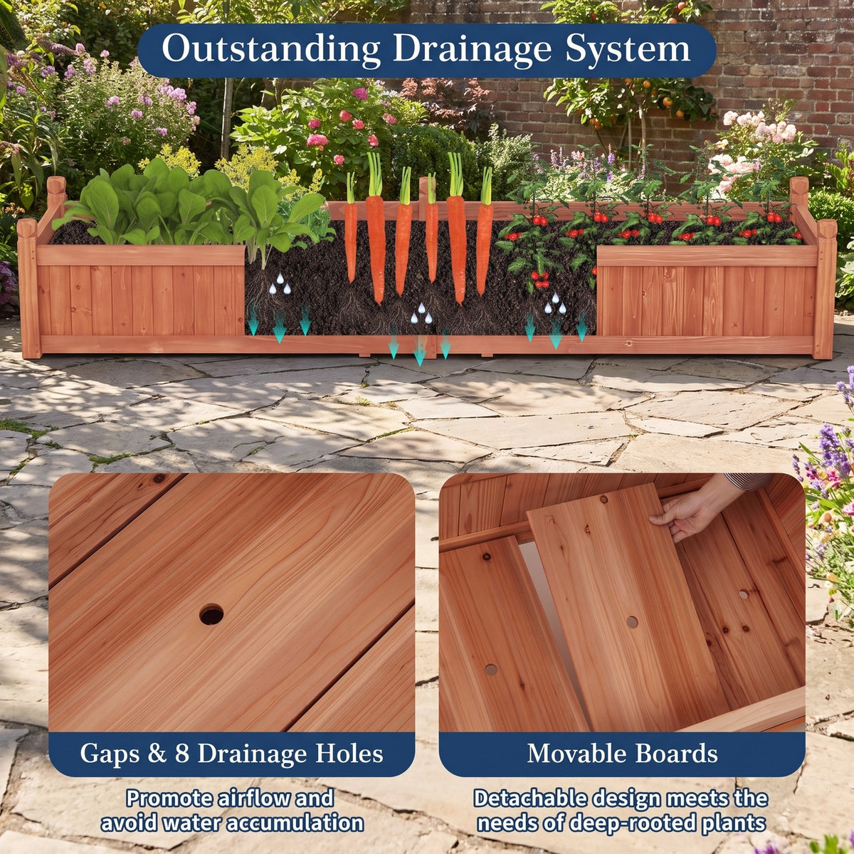 Airfind 91 x 24 x 16 Inch Divisible Planter Box with Corner Drainage and Non-woven Liner for Growing Vegetables, Fir Wood Frame, Brown
