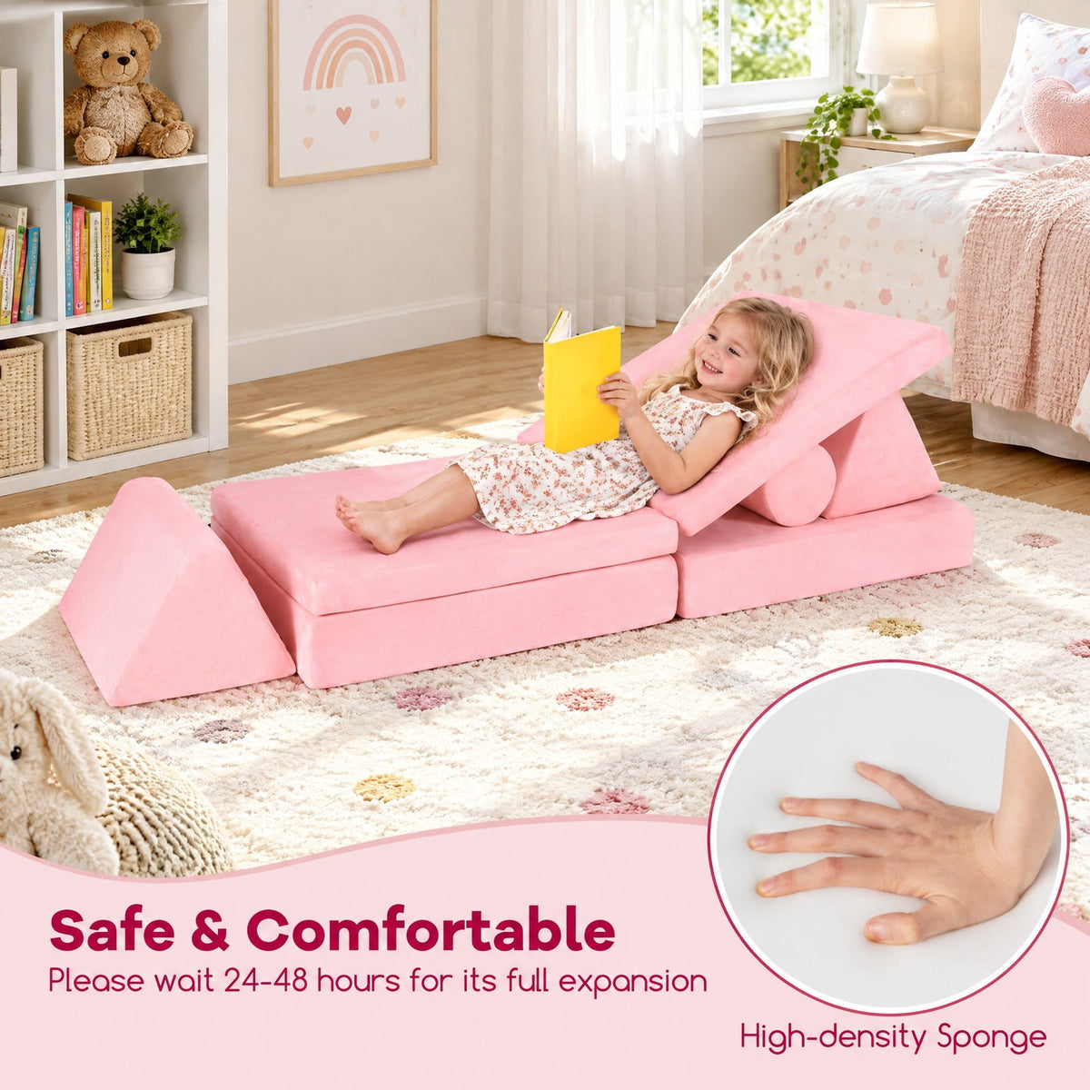 Airfind 8 Pieces Kids Play Couch Foam Building Fort Play Set with Suede Cover, Suede Fabric Sponge Frame, 63in x 31.5in x 19.5in Footprint, Pink