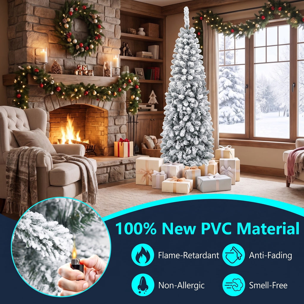 Airfind 6 Feet Unlit Hinged Snow Flocked Artificial Pencil Christmas Tree with 500 Branch Tip, PVC Metal Tree Height 6 ft Tree Width 2 ft Frame