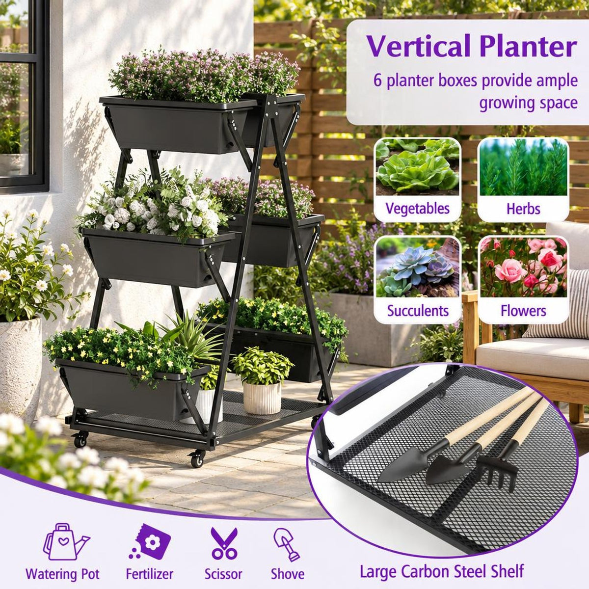 Airfind 3-Tier Vertical Raised Garden Bed with 4 Wheels and 6 Container Boxes, Carbon Steel PP Metal Frame, 38 x 23 x 47 Footprint, Black