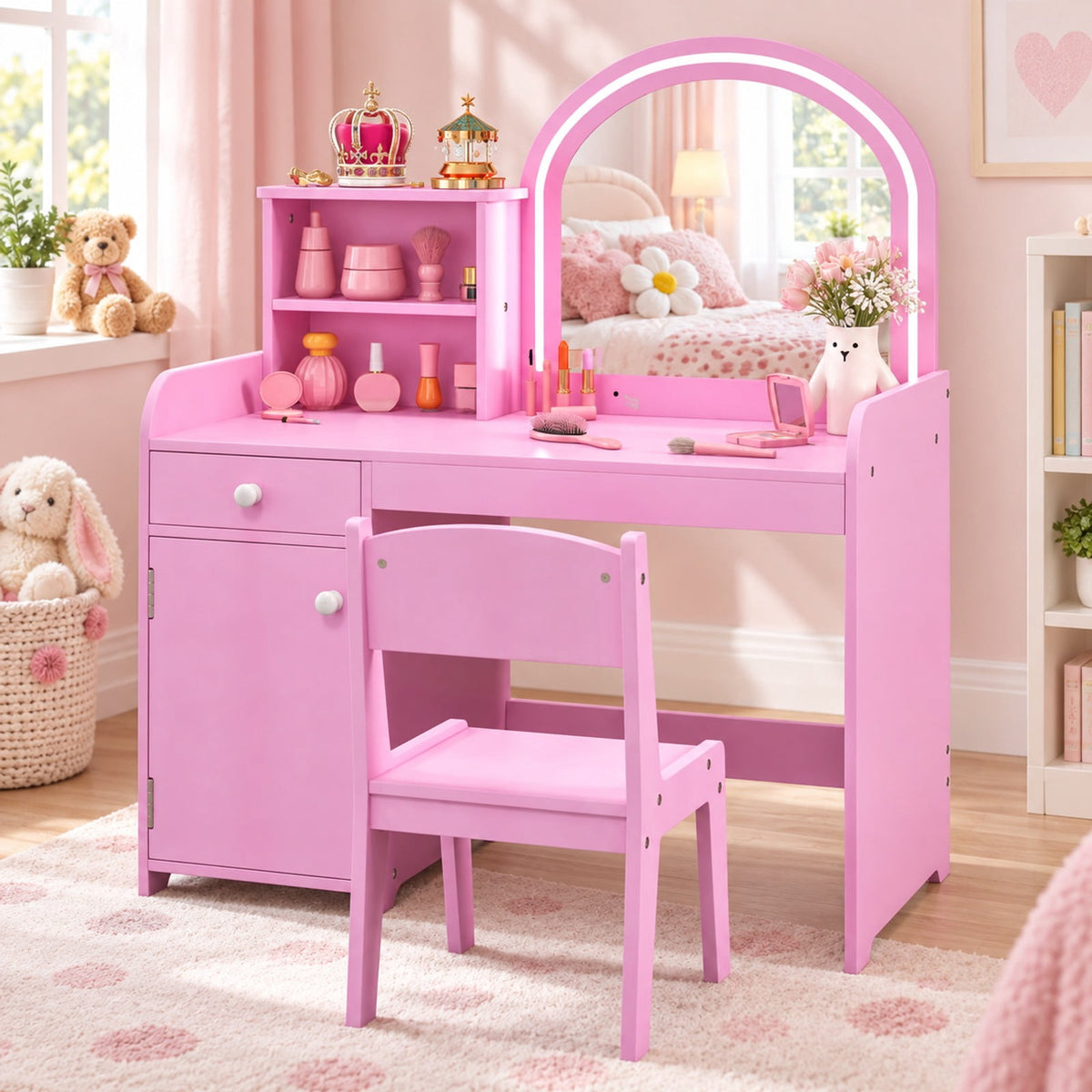 Airfind Kids Vanity Table and Chair Set with Shelves Drawer and Cabinet, P2 MDF Acrylic Frame, for Over 3 Years Old, 31.5 Inch x 16 Inch x 37 Inch Footprint