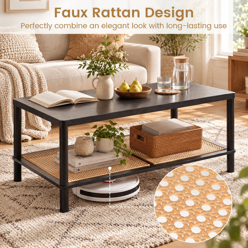Airfind 2-Tier Boho Coffee Table for Living Room Rectangular Center Table with Rubber Wood Frame and PVC Rattan Storage Shelf, 185 lbs Capacity