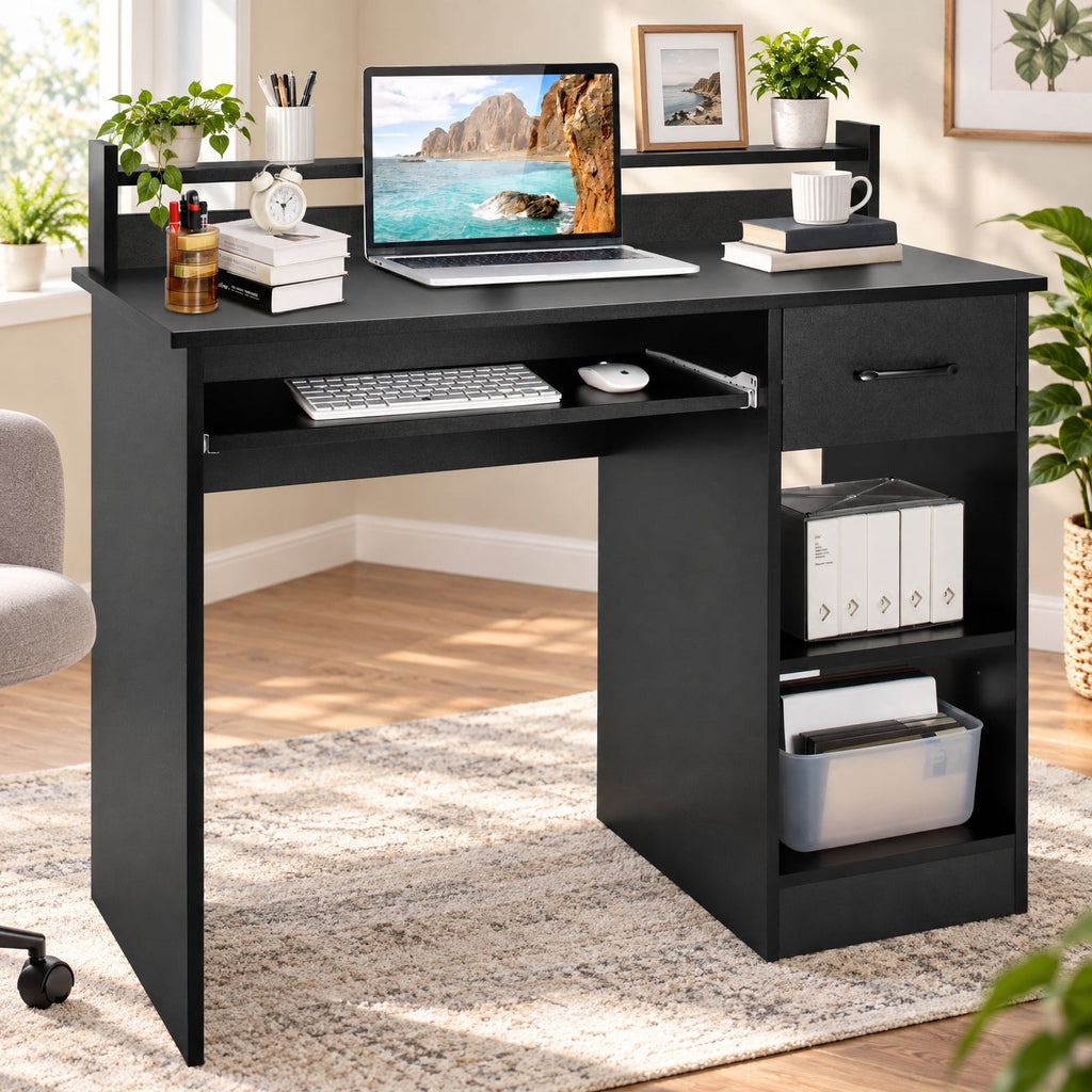 Airfind Study Laptop Table with Drawer and Keyboard Tray, 201 lbs Capacity, Engineered Wood MDF Frame, Black
