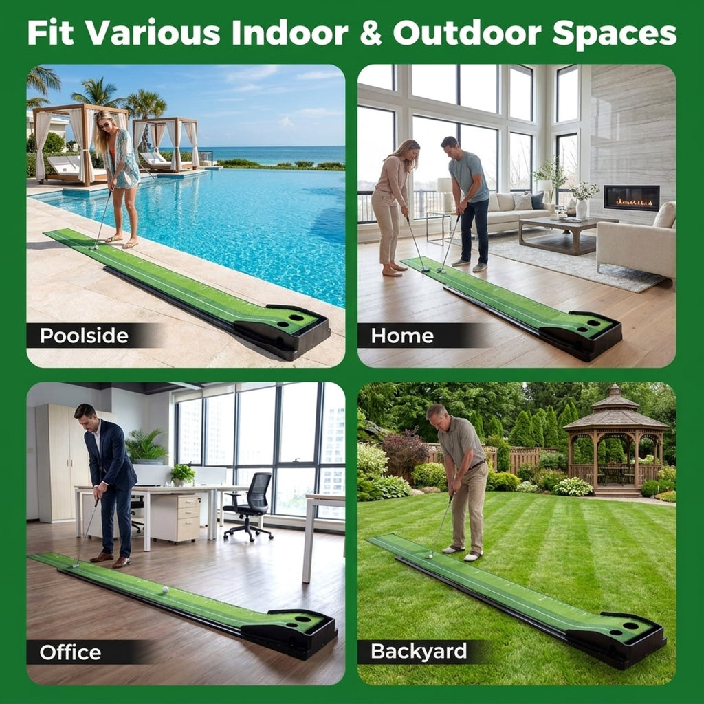 Airfind 9.4 ft Putting Green Mat with Side Auto-Return Track, 2 Hole Sizes and 3 Balls, Green