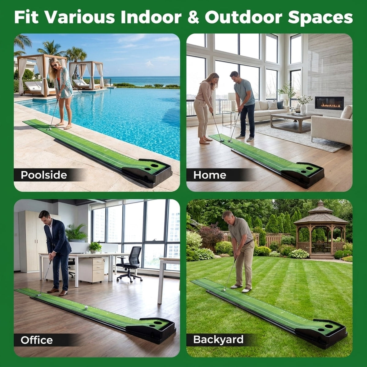 Airfind 9.4 ft Putting Green Mat with Side Auto-Return Track, 2 Hole Sizes and 3 Balls, Green